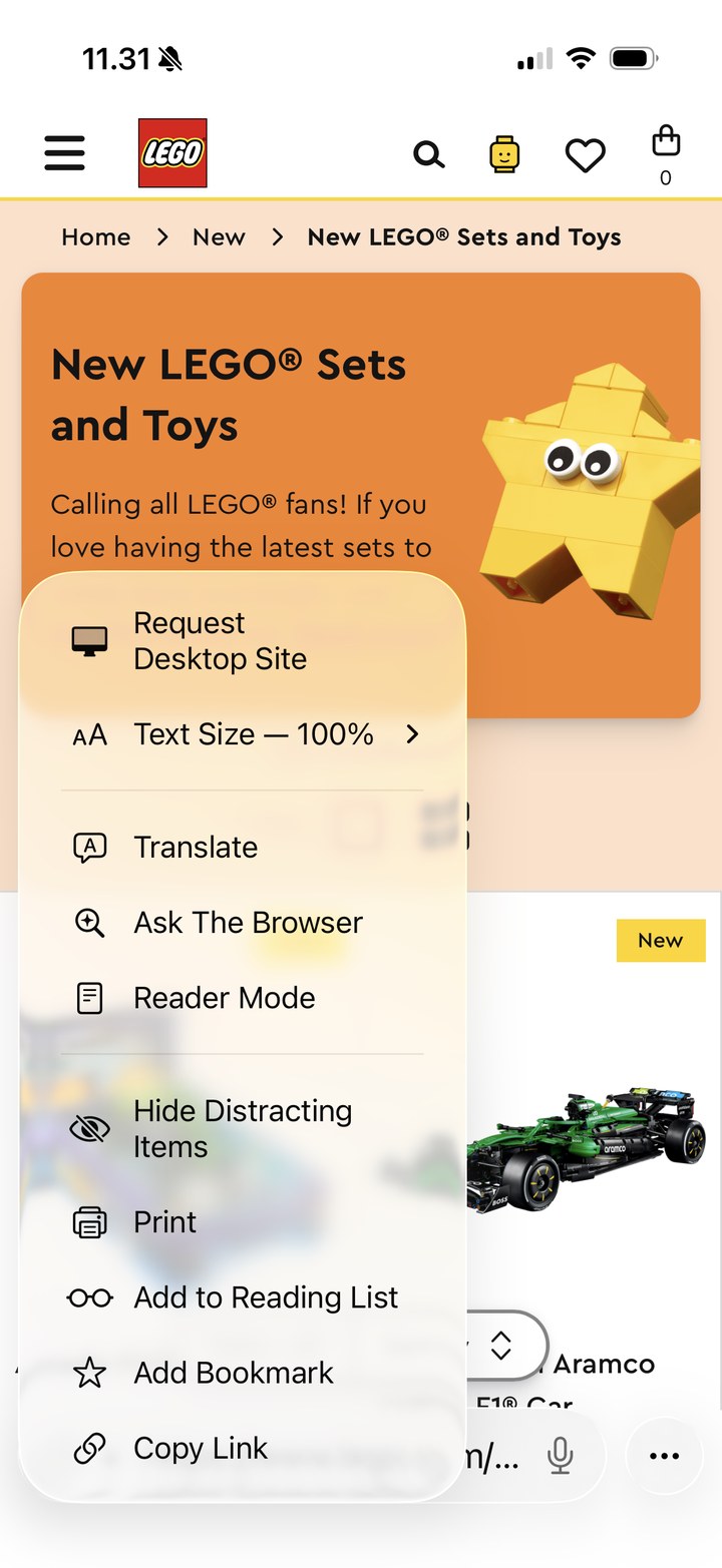 Page menu with Translate, Ask The Browser, Reader Mode, Hide Distracting Items, Print and bookmark actions
