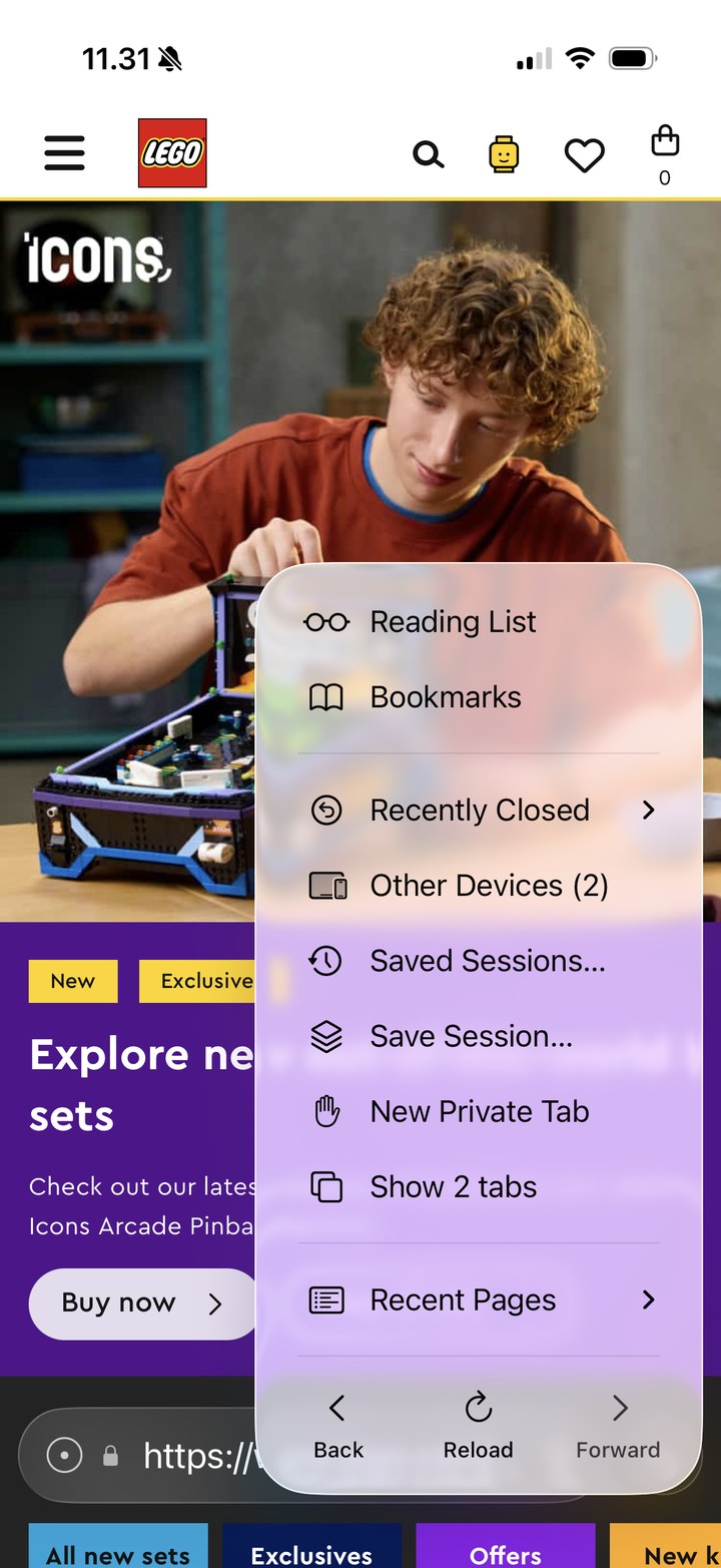 Browser menu with Reading List, Bookmarks, Recently Closed, Other Devices, Saved Sessions and New Private Tab